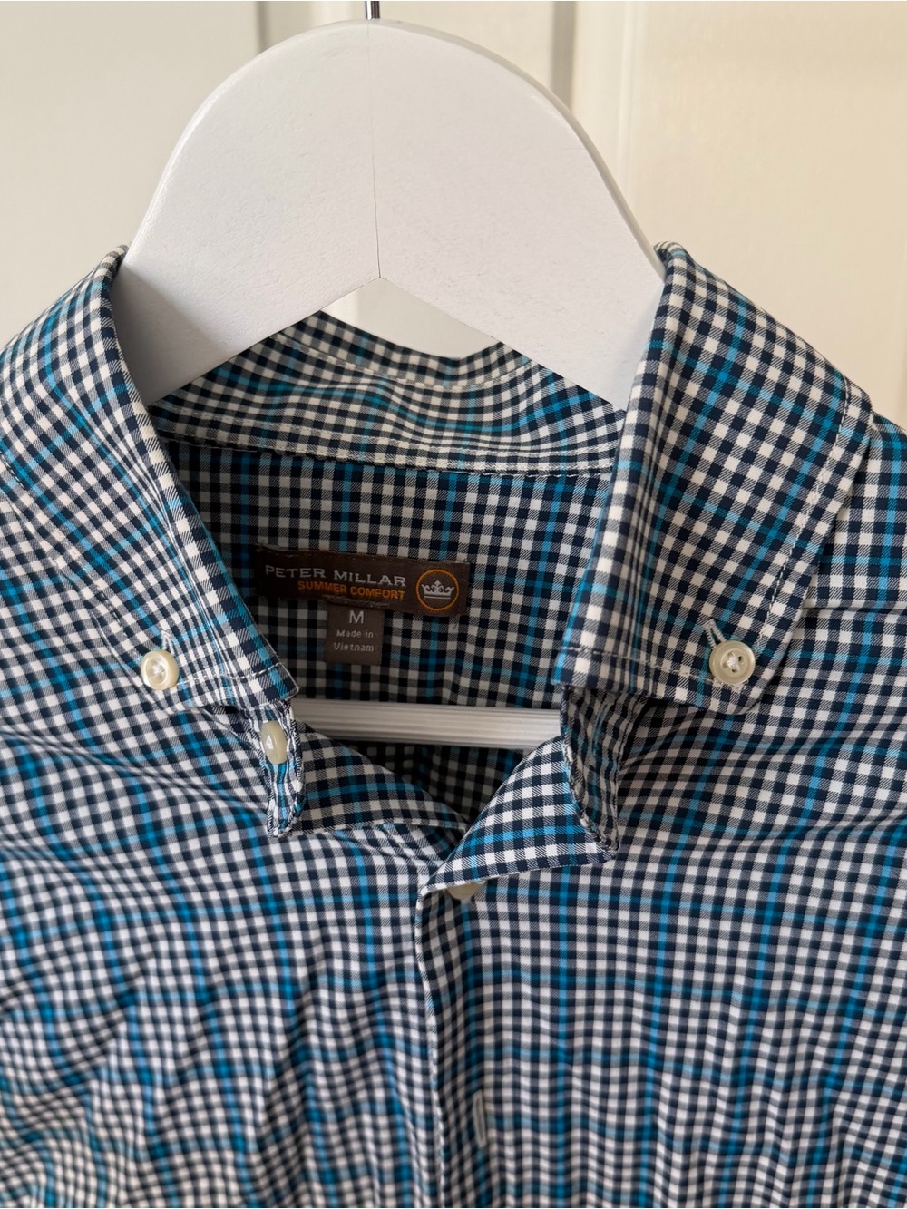 Peter Millar Men's Blue and White Check Button-Down Shirt - Summer Comfort